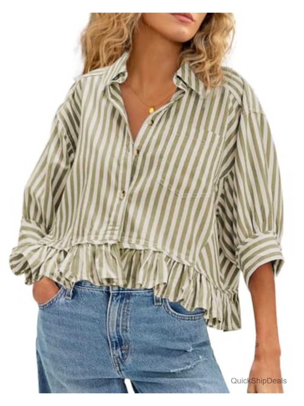 Ruffled Short Sleeve Button Down Babydoll Blouse